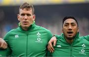 24 February 2018; Chris Farrell, left, and Bundee Aki of Ireland during the national anthems prior to the NatWest Six Nations Rugby Championship match between Ireland and Wales at the Aviva Stadium in Lansdowne Road, Dublin. Photo by Brendan Moran/Sportsfile