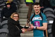 24 February 2018; Pictured is Lynne D’Arcy, Sponsorship, Electric Ireland, proud sponsor of the Electric Ireland GAA Higher Education Championships, presenting Brian Hogan from Maynooth University with the Man of the Match award for his outstanding performance in the Electric Ireland Ryan Cup Final between Maynooth University and Ulster University in Mallow, Cork. The unique quality of the Electric Ireland Higher Education Championships sees players putting their intercounty and club rivalries aside to strive to achieve Electric Ireland Ryan Cup glory. Electric Ireland has been shining a light on these First Class Rivals as proud sponsor of the college level competitions for the next four years. #FirstClassRivals. Photo by Diarmuid Greene/Sportsfile