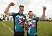 24 February 2018; Maynooth University captain Padraig Walsh, right, and Electric Ireland Man of the Match Brian Hogan celebrate after victory over Ulster University in the Electric Ireland HE GAA Ryan Cup Final in Mallow, Cork. The unique quality of the Electric Ireland Higher Education Championships sees players putting their intercounty and club rivalries aside to strive to achieve Electric Ireland Ryan Cup glory. Electric Ireland has been shining a light on these First Class Rivals as proud sponsor of the college level competitions for the next four years. #FirstClassRivals. Photo by Diarmuid Greene/Sportsfile