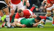 24 February 2018; Bundee Aki of Ireland scores his side's second try during the NatWest Six Nations Rugby Championship match between Ireland and Wales at the Aviva Stadium in Dublin. Photo by Ramsey Cardy/Sportsfile