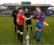 24 February 2018; Captains Aaron Davin of University College Cork, left, and Dylan Connolly of Dublin University AFC, shake hands prior to the IUFU Harding Cup match between University College Cork and Dublin University AFC at Tolka Park in Dublin. Photo by Seb Daly/Sportsfile