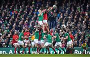 24 February 2018; Aaron Shingler of Wales wins an attacking lineout from Devin Toner of Ireland during the NatWest Six Nations Rugby Championship match between Ireland and Wales at the Aviva Stadium in Lansdowne Road, Dublin. Photo by Brendan Moran/Sportsfile