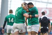 24 February 2018; Cian Healy of Ireland is congratulated by team mate Bundee Aki after he scored their side's fourth try during the NatWest Six Nations Rugby Championship match between Ireland and Wales at the Aviva Stadium in Lansdowne Road, Dublin. Photo by David Fitzgerald/Sportsfile