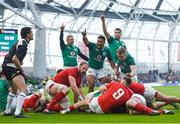 24 February 2018; Ireland players, from left, Keith Earls, Bundee Aki, Conor Murray and Dan Leavy celebrate after Cian Healy, hidden, scored their side's fourth try during the NatWest Six Nations Rugby Championship match between Ireland and Wales at the Aviva Stadium in Lansdowne Road, Dublin. Photo by David Fitzgerald/Sportsfile