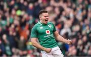 24 February 2018; Jacob Stockdale of Ireland celebrates after scoring his side's fifth try during the NatWest Six Nations Rugby Championship match between Ireland and Wales at the Aviva Stadium in Lansdowne Road, Dublin. Photo by David Fitzgerald/Sportsfile
