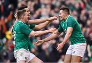 24 February 2018; Jacob Stockdale, right, of Ireland is congratulated by team mates Conor Murray, behind, and Chris Farrell after scoring his side's fifth try during the NatWest Six Nations Rugby Championship match between Ireland and Wales at the Aviva Stadium in Lansdowne Road, Dublin. Photo by David Fitzgerald/Sportsfile