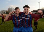 24 February 2018; Dublin University AFC players James Woods, left, and Peter Healy, right, celebrate following their side's victory during the IUFU Harding Cup match between University College Cork and Dublin University AFC at Tolka Park in Dublin. Photo by Seb Daly/Sportsfile