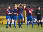 24 February 2018; James Woods of Dublin University AFC, second left, is congratulated by team-mates after scoring his side's first goal during the IUFU Harding Cup match between University College Cork and Dublin University AFC at Tolka Park in Dublin. Photo by Seb Daly/Sportsfile