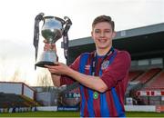 24 February 2018; James Woods of Dublin University AFC with the trophy following his side's victory during the IUFU Harding Cup match between University College Cork and Dublin University AFC at Tolka Park in Dublin. Photo by Seb Daly/Sportsfile