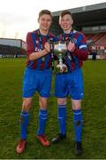 24 February 2018; Dublin University AFC captain Dylan Connolly, right, and James Woods, left, with the trophy following their side's victory during the IUFU Harding Cup match between University College Cork and Dublin University AFC at Tolka Park in Dublin. Photo by Seb Daly/Sportsfile