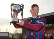 24 February 2018; Dublin University AFC captain Dylan Connolly with the trophy following his side's victory during the IUFU Harding Cup match between University College Cork and Dublin University AFC at Tolka Park in Dublin. Photo by Seb Daly/Sportsfile