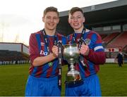 24 February 2018; Dublin University AFC captain Dylan Connolly, right, and James Woods, left, with the trophy following their side's victory during the IUFU Harding Cup match between University College Cork and Dublin University AFC at Tolka Park in Dublin. Photo by Seb Daly/Sportsfile