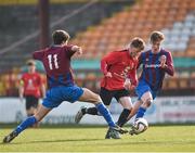 24 February 2018; Owen Collins of University College Cork in action against James Kelly, left, and Ivan McConville, right, of Dublin University AFC during the IUFU Harding Cup match between University College Cork and Dublin University AFC at Tolka Park in Dublin. Photo by Seb Daly/Sportsfile