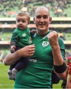 24 February 2018; Devin Toner of Ireland celebrates with his son Max, age 5 months, following the NatWest Six Nations Rugby Championship match between Ireland and Wales at the Aviva Stadium in Lansdowne Road, Dublin. Photo by David Fitzgerald/Sportsfile