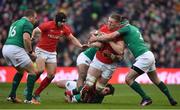 24 February 2018; Bradley Davies of Wales is tackled by Ireland players, from left, Bundee Aki, Joey Carbery and Fergus McFadden during the NatWest Six Nations Rugby Championship match between Ireland and Wales at the Aviva Stadium in Lansdowne Road, Dublin. Photo by Brendan Moran/Sportsfile