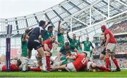 24 February 2018; Ireland players, from left, Bundee Aki, Conor Murray, Dan Leavy, Andrew Porter and Devin Toner celebrate as Cian Healy scored their side's fourth try during the NatWest Six Nations Rugby Championship match between Ireland and Wales at the Aviva Stadium in Lansdowne Road, Dublin. Photo by David Fitzgerald/Sportsfile