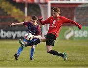 24 February 2018; Evan McCroary of Dublin University AFC in action against Owen Collins of University College Cork during the IUFU Harding Cup match between University College Cork and Dublin University AFC at Tolka Park in Dublin. Photo by Seb Daly/Sportsfile