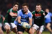 24 February 2018; Ciaran Kilkenny of Dublin in action against Lee Keegan, left, and Colm Boyle of Mayo during the Allianz Football League Division 1 Round 4 match between Mayo and Dublin at Elverys MacHale Park in Castlebar, Co Mayo. Photo by Stephen McCarthy/Sportsfile