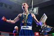 24 February 2018; Conor Jordan celebrates after defeating Ricky Nesbitt during the Liffey Crane Hire IABA Elite Boxing Championships 2018 Finals at the National Stadium in Dublin. Photo by David Fitzgerald/Sportsfile