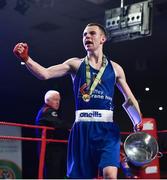 24 February 2018; Conor Jordan celebrates after defeating Ricky Nesbitt during the Liffey Crane Hire IABA Elite Boxing Championships 2018 Finals at the National Stadium in Dublin. Photo by David Fitzgerald/Sportsfile