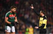 24 February 2018; Aidan O'Shea of Mayo and referee Paddy Neilan during the Allianz Football League Division 1 Round 4 match between Mayo and Dublin at Elverys MacHale Park in Castlebar, Co Mayo. Photo by Stephen McCarthy/Sportsfile