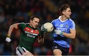 24 February 2018; Michael Fitzsimons of Dublin in action against Andy Moran of Mayo during the Allianz Football League Division 1 Round 4 match between Mayo and Dublin at Elverys MacHale Park in Castlebar, Co Mayo. Photo by Stephen McCarthy/Sportsfile