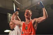 24 February 2018; George Bates celebrates as he is declared victorious over Francis Cleary during the Liffey Crane Hire IABA Elite Boxing Championships 2018 Finals at the National Stadium in Dublin. Photo by David Fitzgerald/Sportsfile