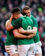 24 February 2018; Ireland's Jacob Stockdale celebrates with team-mates Conor Murray and Chris Farrell, right, after scoring his side's fifth try during the NatWest Six Nations Rugby Championship match between Ireland and Wales at the Aviva Stadium in Dublin. Photo by Ramsey Cardy/Sportsfile