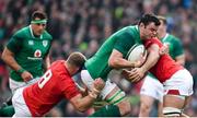 24 February 2018; James Ryan of Ireland is tackled by Ross Moriarty, left, and Josh Navidi of Wales during the NatWest Six Nations Rugby Championship match between Ireland and Wales at the Aviva Stadium in Dublin. Photo by Ramsey Cardy/Sportsfile