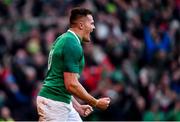 24 February 2018; Jacob Stockdale of Ireland celebrates after scoring his side's fifth try during the NatWest Six Nations Rugby Championship match between Ireland and Wales at the Aviva Stadium in Dublin. Photo by Ramsey Cardy/Sportsfile