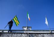 25 February 2018; Johnny Gallagher puts up the tricolour and county flags prior to the Allianz Football League Division 1 Round 4 match between Donegal and Kildare at Fr Tierney Park in Ballyshannon, Co Donegal. Photo by Stephen McCarthy/Sportsfile