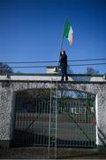 25 February 2018; Johnny Gallagher puts up the tricolour prior to the Allianz Football League Division 1 Round 4 match between Donegal and Kildare at Fr Tierney Park in Ballyshannon, Co Donegal. Photo by Stephen McCarthy/Sportsfile