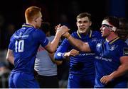 23 February 2018; Ciaran Frawley of Leinster celebrates with team-mates Garry Ringrose and Ed Byrne after scoring a try during the Guinness PRO14 Round 16 match between Leinster and Southern Kings at the RDS Arena in Dublin. Photo by Ramsey Cardy/Sportsfile