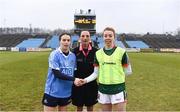 24 February 2018; Referee Maggie Farrelly with Sinead Aherne of Dublin and Sarah Tierney of Mayo prior to the Lidl Ladies Football National League Division 1 Round 4 match between Mayo and Dublin at Elverys MacHale Park in Castlebar, Co Mayo. Photo by Stephen McCarthy/Sportsfile