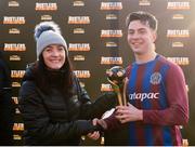 24 February 2018; Peter Healy of Dublin University AFC is presented with the Player of the Tournament award by Yvonne McGowan, Sport Development Officer, DCU, following the IUFU Harding Cup match between University College Cork and Dublin University AFC at Tolka Park in Dublin. Photo by Seb Daly/Sportsfile