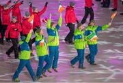 25 February 2018; Members of the Ireland team, from left, skiing coach Giorgio Marchesini, cross country skier Thomas Maloney Westgaard, snowboarder Seamus O'Connor, coach Dominic McAleenan and Chef de Mission Stephen Martin during the closing ceremony of the Winter Olympics at the PyeongChang Olympic Stadium in Pyeongchang-gun, South Korea. Photo by Sportsfile