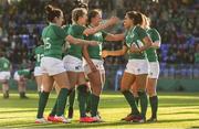 25 February 2018; Sene Naoupu of Ireland is congratulated by team mates after scoring her side's third try during the Women's Six Nations Rugby Championship match between Ireland and Wales at Donnybrook Stadium in Dublin. Photo by David Fitzgerald/Sportsfile