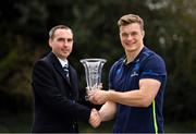 26 February 2018; Josh van der Flier of Leinster is presented with the Bank of Ireland Leinster Rugby Player of the Month for January by Fintan McGrogan, Head of Bank of Ireland, Sandyford, at Leinster Rugby Headquarters in Dublin. Photo by Ramsey Cardy/Sportsfile