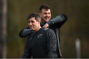 26 February 2018; Dave O'Callaghan gets assistance with his GPS device from Sean McCarthy prior to Munster Rugby squad training at the University of Limerick in Limerick. Photo by Diarmuid Greene/Sportsfile