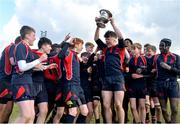 27 February 2018; Chris Gilmer of Wesley College lifts the trophy after the Bank of Ireland Leinster Schools Fr. Godfrey Cup Final match between Kilkenny College and Wesley College at Naas RFC in Kildare. Photo by Harry Murphy/Sportsfile