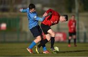 27 February 2018; Ronan Hennessy of University College Cork in action against Jason McClelland of University College Dublin during the RUSTLERS CUFL Men’s Premier Division Final match between University College Dublin and University College Cork at Home Farm FC, in Dublin. Photo by David Fitzgerald/Sportsfile