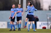 27 February 2018; Jason McClelland of University College Dublin celebrates after scoring his side's first goal with team mate Gary O'Neill during the RUSTLERS CUFL Men’s Premier Division Final match between University College Dublin and University College Cork at Home Farm FC, in Dublin. Photo by David Fitzgerald/Sportsfile