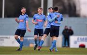 27 February 2018; Jason McClelland of University College Dublin celebrates after scoring his side's first goal with team mate Gary O'Neill during the RUSTLERS CUFL Men’s Premier Division Final match between University College Dublin and University College Cork at Home Farm FC, in Dublin. Photo by David Fitzgerald/Sportsfile