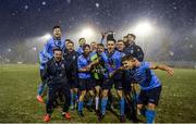 27 February 2018; University College Dublin players celebrate following the RUSTLERS CUFL Men’s Premier Division Final match between University College Dublin and University College Cork at Home Farm FC, in Dublin. Photo by David Fitzgerald/Sportsfile