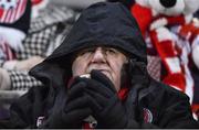 27 February 2018; A Bohemians supporter keeps warm prior to the SSE Airtricity League Premier Division match between Bohemians and Derry City at Dalymount Park in Dublin. Photo by David Fitzgerald/Sportsfile