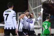 27 February 2018; Stephen Folan, third from left, celebrates with his Dundalk team-mates, from left, Michael Duffy, Ronan Murray and Dane Massey after scoring his side's fourth goal during the SSE Airtricity League Premier Division match between Dundalk and Limerick at Oriel Park in Dundalk, Co Louth. Photo by Stephen McCarthy/Sportsfile