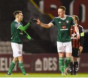 27 February 2018; Ronan Curtis of Derry City, right, is congratulated by team-mate Rory Hale after scoring his side's first goal during the SSE Airtricity League Premier Division match between Bohemians and Derry City at Dalymount Park, in Dublin.  Photo by David Fitzgerald/Sportsfile