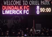 27 February 2018; The scoreboard shows the final score following the SSE Airtricity League Premier Division match between Dundalk and Limerick at Oriel Park in Dundalk, Co Louth. Photo by Stephen McCarthy/Sportsfile