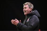 27 February 2018; Dundalk manager Stephen Kenny reacts to his side's eight goal during the SSE Airtricity League Premier Division match between Dundalk and Limerick at Oriel Park in Dundalk, Co Louth. Photo by Stephen McCarthy/Sportsfile