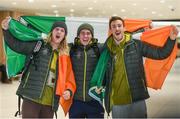 28 February 2018: Irish Olympians, from left, Brendan &quot;Bubba&quot; Newby, Seamus O’Connor and Thomas Maloney Westgaard in Dublin Airport having returned home today from PyeongChang, South Korea. Five athletes from Ireland, four who made their Olympic debuts, competed at the 23rd Winter Games. All five athletes will celebrate their homecoming in Dublin before leaving tomorrow to switch their focus to training and preparations for upcoming competitions. Photo by Eóin Noonan/Sportsfile